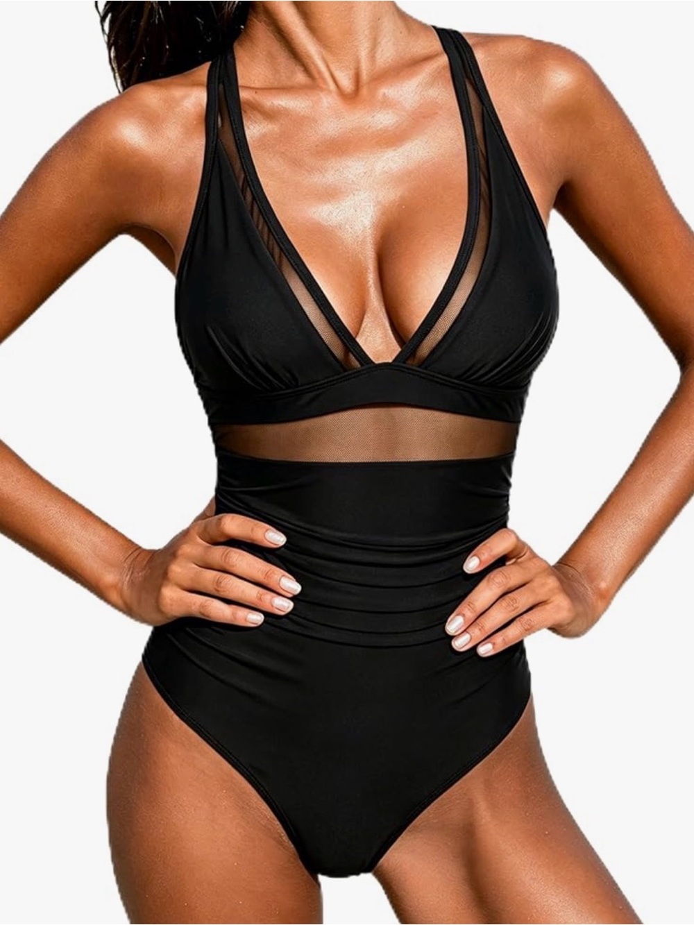 Black Women's One-Piece Swim Suit with Mesh Detail